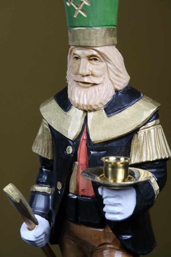 Holzfigur Bergmann klein (Riesengebirge), handgeschnitzt und handbemalt aus Lindenholz, 34cm